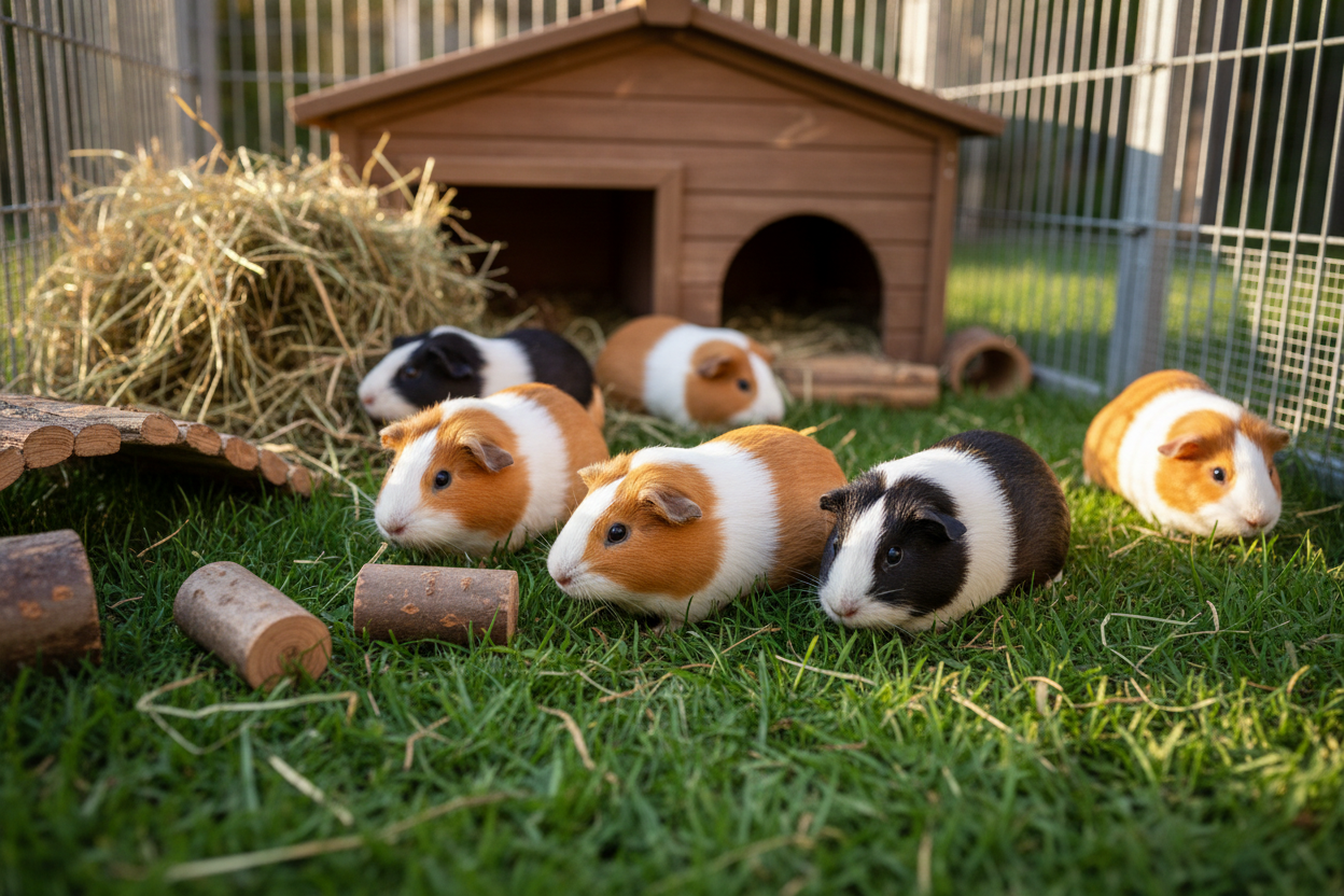 Two guinea pigs outdoors in a lush garden setting