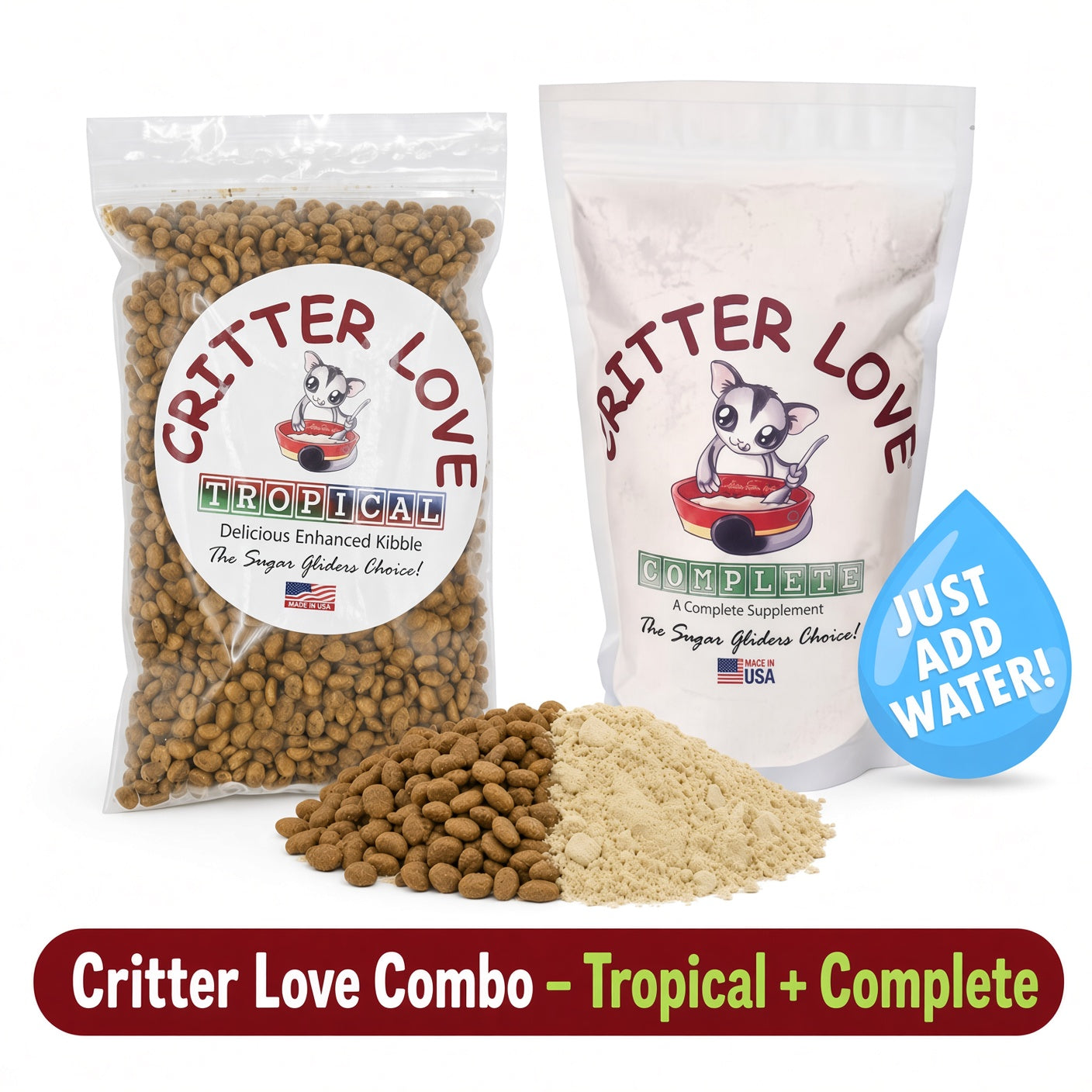 Critter Love Complete & Tropical Kibble Sugar Glider Food - Combo Pack