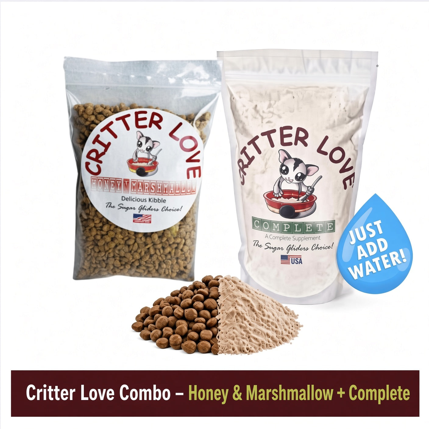 Critter Love Complete & Honey 'N Marshmallow Kibble Sugar Glider Food - Combo Pack